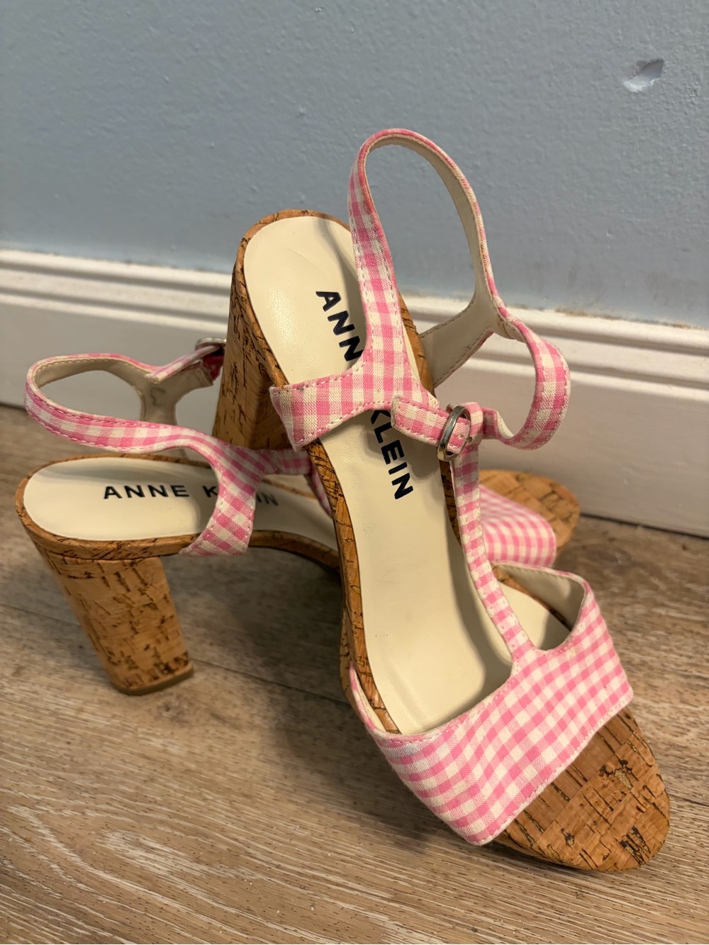 Anne Klein Pink White Gingham Cork Wedge Sandals Sz 6